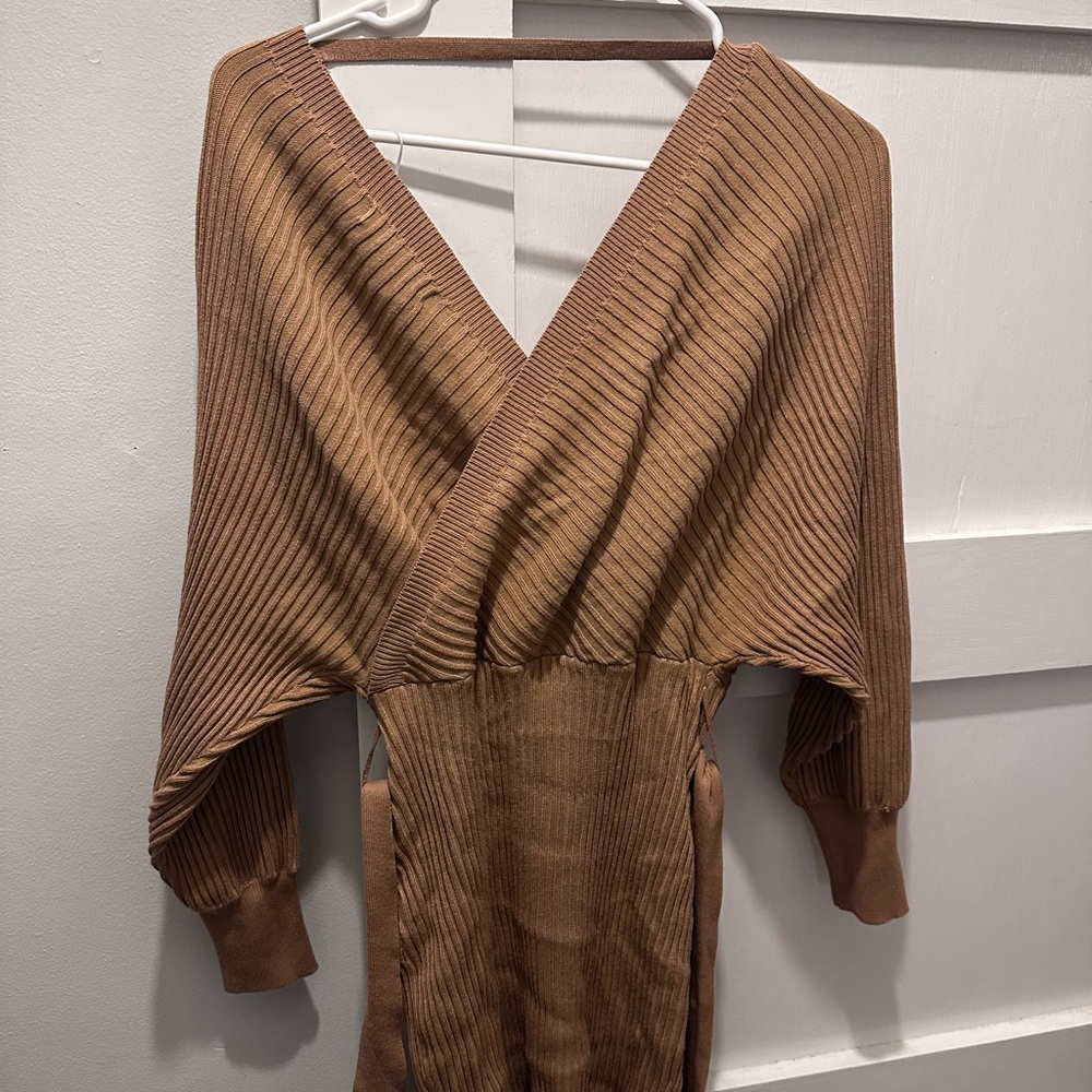 Brown Ribbed Knit sweater Dress
